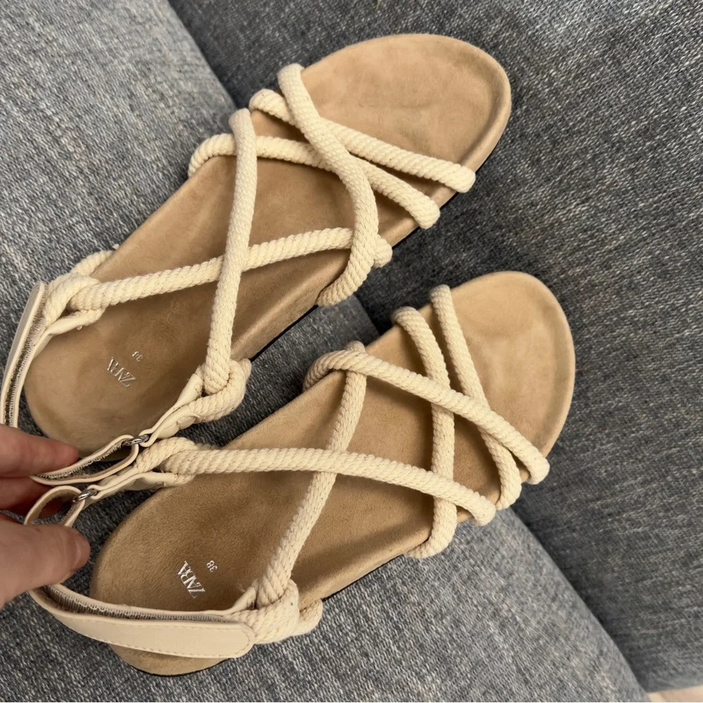Zara Cream Rope Strappy Sandals with Ankle Buckle - Picture 2 of 7